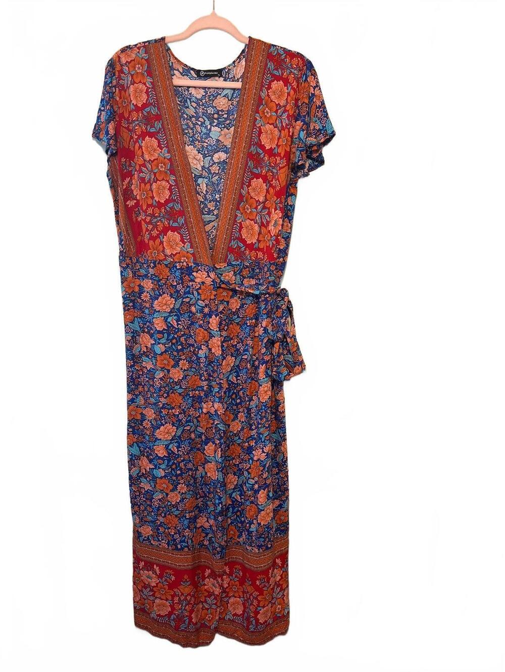 PrettyGarden XL Floral Viscose Wrap Dress with Tie Waist